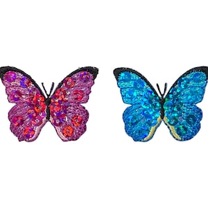 Small - Blue Sequin - Butterfly - Iron on Applique - Embroidered Patch - 155811A