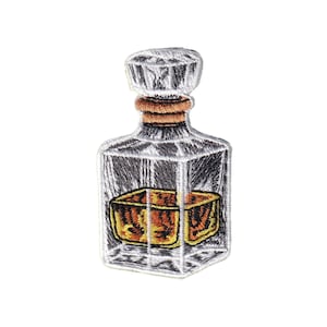 May include: Embroidered patch of a square glass bottle with a stopper. The bottle is filled with a golden liquid. The patch has a detailed, textured appearance with white, brown, and gold thread.