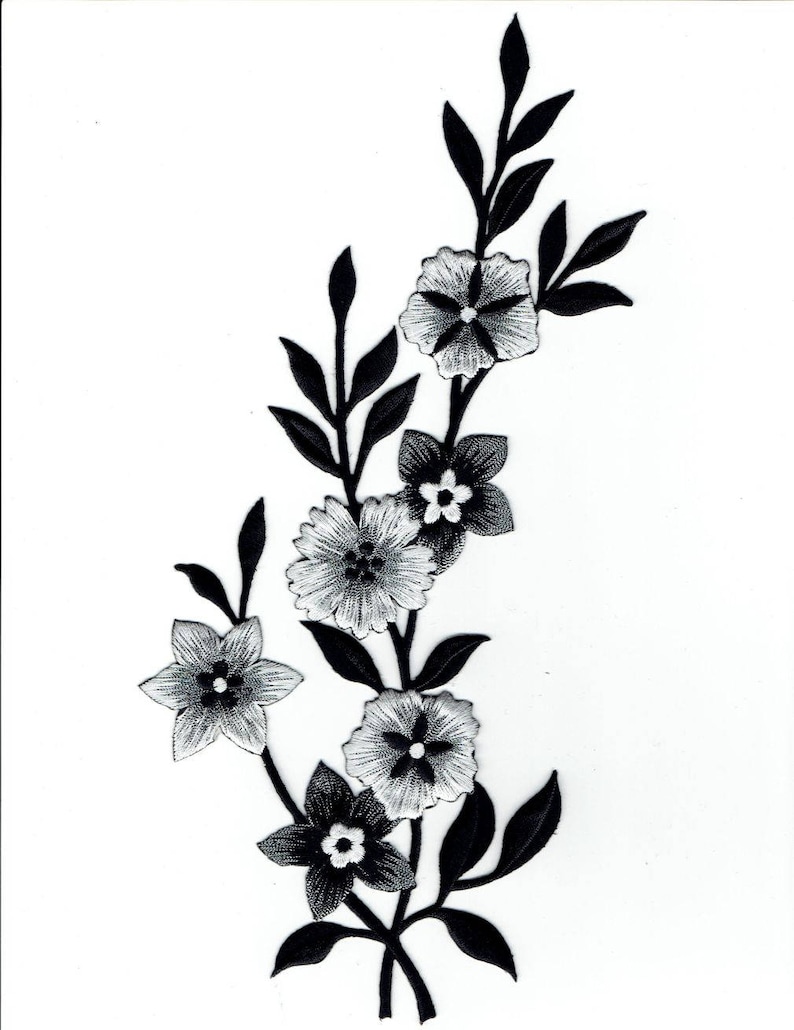 Large Flowers, Black, White, Silver, Embroidered, Iron on Patch Left Side