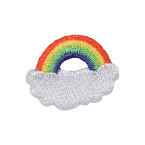 May include: An embroidered rainbow patch with a white cloud. The rainbow has red, orange, yellow, green, blue and purple stripes.