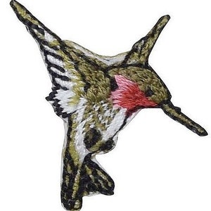 May include: A green, white, and red embroidered hummingbird patch. The hummingbird is in flight with its wings spread out.