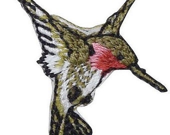 Small MINI - Ruby Red Throat Hummingbird - Flying LEFT or RIGHT - Iron on Applique - Embroidered Patch - 696074