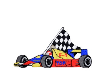 Yellow/Red Race Car - Checkered Flag - Iron on Applique - Embroidered Patch - Formula One Style -  151516A