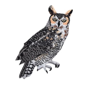 May include: A detailed embroidered patch of a great horned owl with brown, gray, and white feathers. The owl is perched with its wings folded and its eyes looking forward.