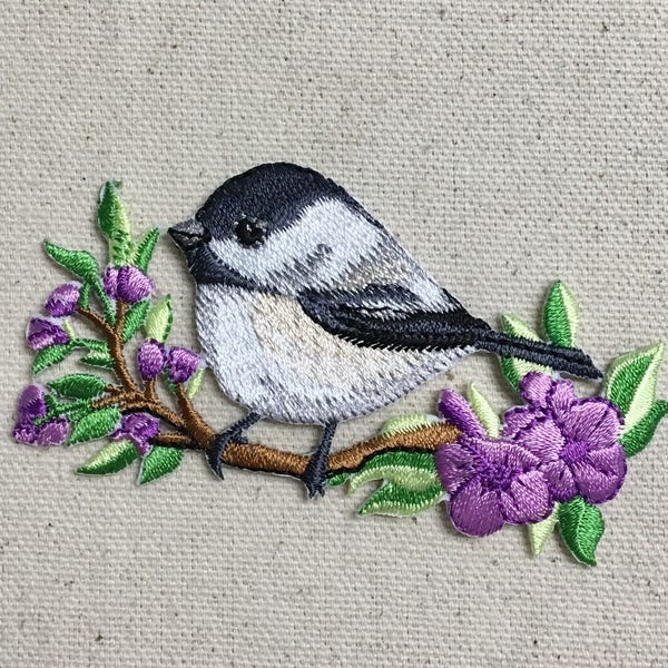 Chickadee - Bird - Sitting on Branch - Purple Flowers - Iron on Applique - Embroidered Patch - 697185-A