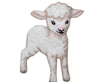 Weißes Baby Lamm, Schaf, realistische Tiere, gestickt, Bügelbild