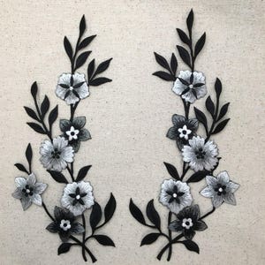 Large Flowers, Black, White, Silver, Embroidered, Iron on Patch image 2