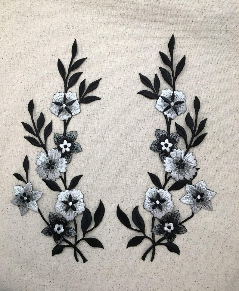 Large Flowers, Black, White, Silver, Embroidered, Iron on Patch image 2