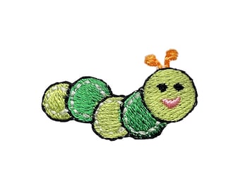 Green Caterpillar, Smiling Face, Embroidered, Iron on Patch, 1-1/8" mini size