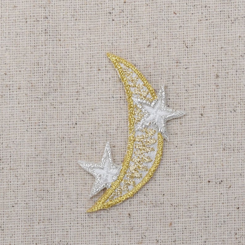 Gold Crescent Moon with Silver Stars Iron on Patch