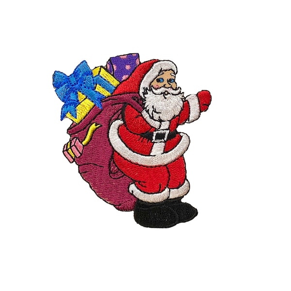 Christmas Santa Clause, Maroon Bag and Gifts, Iron on Patch