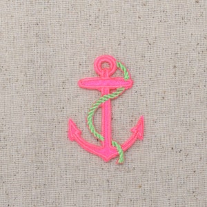 Small - Nautical - Neon Pink Anchor - Lime Green Rope - Iron on Applique - Embroidered Patch - 696501-C