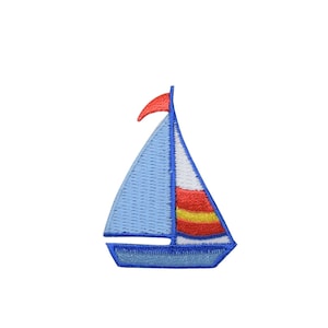 Sailboat, Blue, White, Yellow and Red, Embroidered, Iron on Patch