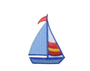 Sailboat, Blue, White, Yellow and Red, Embroidered, Iron on Patch