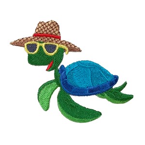 May include: A green and blue embroidered patch of a cartoon turtle wearing a brown straw hat and sunglasses.