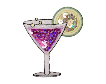 Pink Sequin Margarita Cocktail, Tropical Drink, Embroidered, Iron on Patch