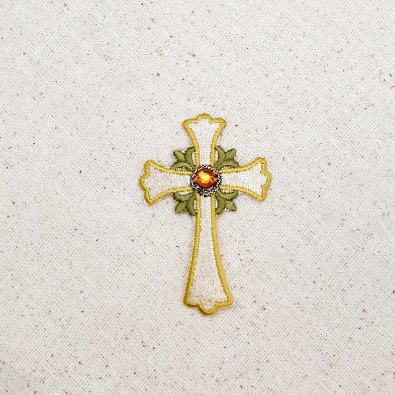 Religious Jeweled Cross Silver and Gold Iron on Applique Embroidered Patch 695660-A image 1
