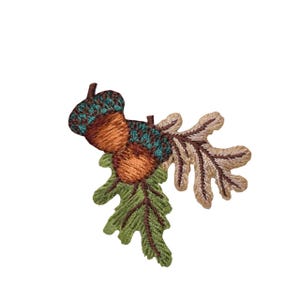 Two Acorns - Brown and Green Fall Leaves - Iron on Applique - Embroidered Patch - 1511941A