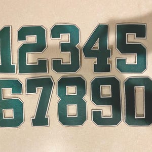 Puede incluir: Diez parches de fieltro verde con bordes blancos, cada uno con un número del 1 al 10. Los números están en una fuente negrita y en bloque.