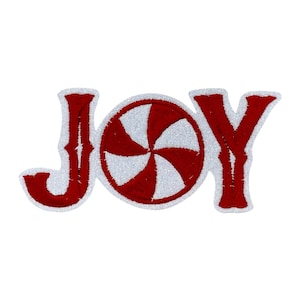 May include: A festive, red and white JOY applique with a candy cane design. The letters are red with a white, glittery outline, and the "O" is a peppermint swirl. Perfect for holiday crafts and decorations.