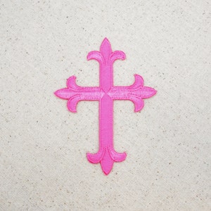 Fleur De Lis - Religious Cross - Hot Pink Fuchsia - 4" - Embroidered Patch - Iron on Applique - WA023