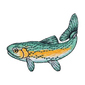 May include: A green and yellow embroidered trout fish with a white background.