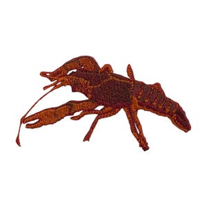 May include: Embroidered patch featuring a detailed depiction of a lobster. The patch showcases shades of brown and orange, with intricate stitching that highlights the crustacean's claws, body segments, and antennae. The design is set against a white background.