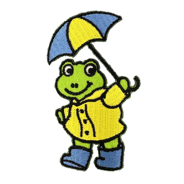 Frog Wearing Raincoat and Boots, Umbrella, Embroidered, Iron-on Patch