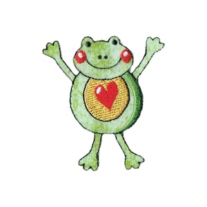 Green Frog with Heart, Embroidered, Iron on Patch
