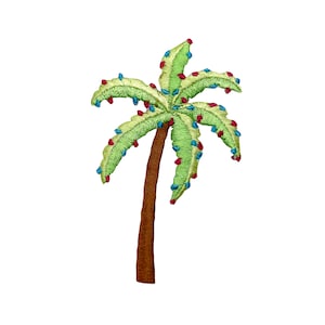 May include: Embroidered green palm tree with red and blue accents. The palm tree is a decorative patch.
