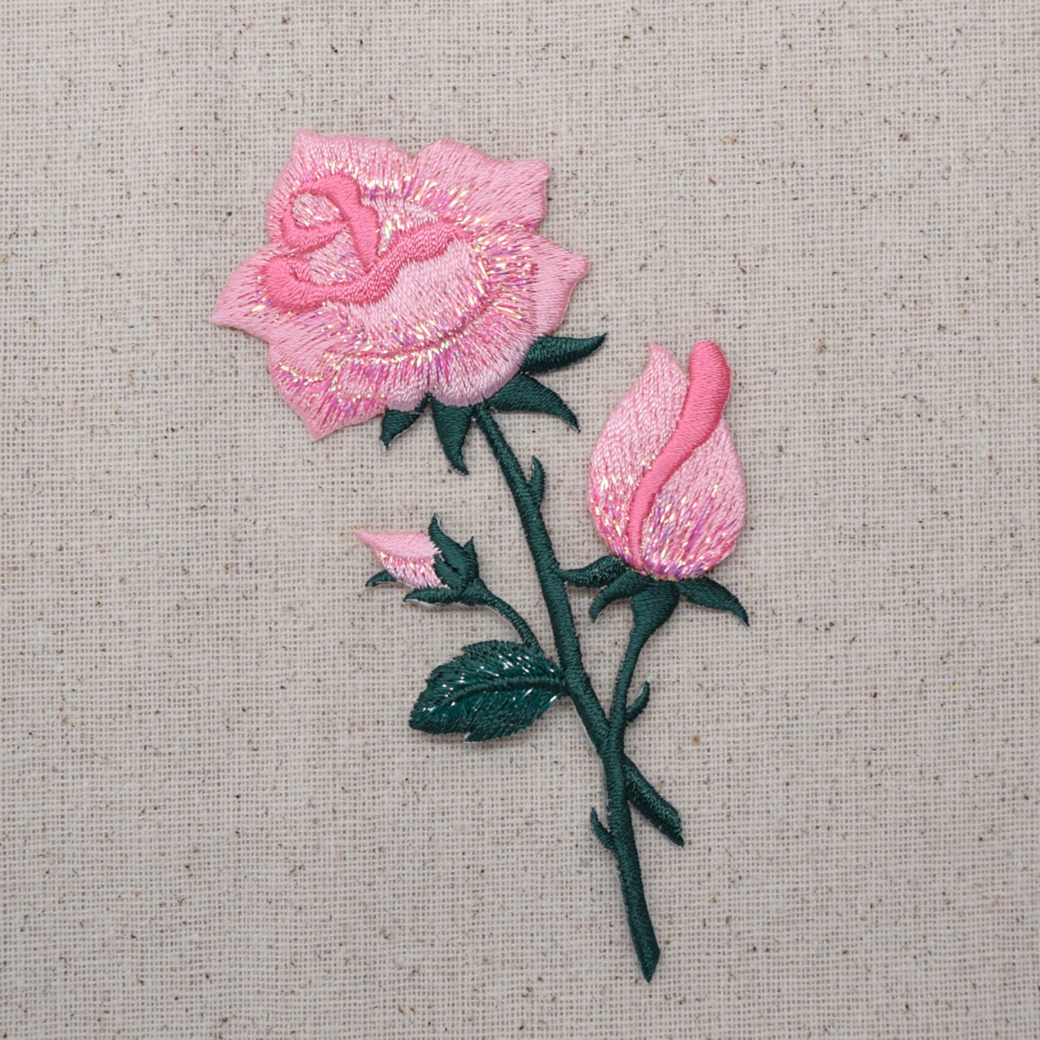 Pink Rose - Buds on Stem - Flower - Iron on Applique - Embroidered ...