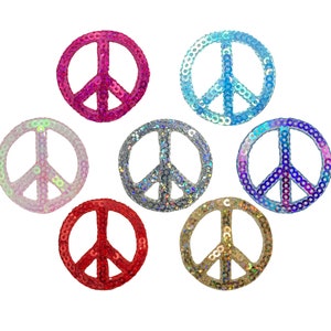 May include: Seven peace sign patches with sequin embellishments in various colors, including pink, blue, white, silver, purple, red, and gold.