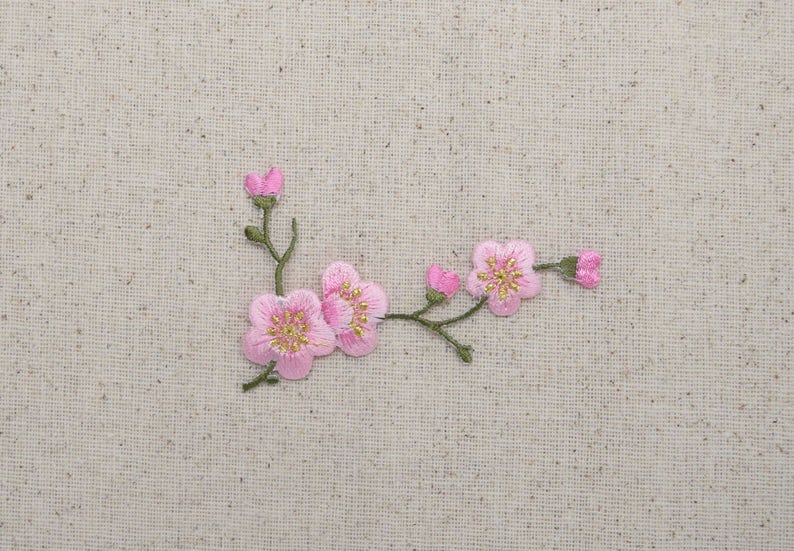 Cherry Blossom Pink Flowers Green Stem LEFT or RIGHT Iron on Applique Embroidered Patch 611517 image 3