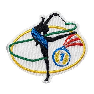 May include: An embroidered patch depicting a silhouette of a rhythmic gymnast holding a ribbon, with a gold medal featuring the number "1". The patch is white with gold, green, blue, and red accents.