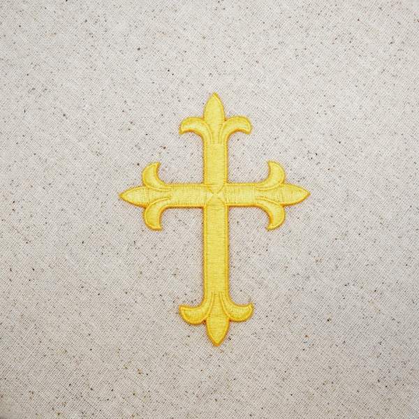 Gold Metallic Fleur De Lis & Cross Iron On Patch - 4 Inch Embroidered Religious/Decorative Patch For DIY Crafts
