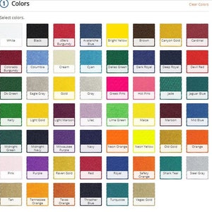 May include: A color chart with 36 different color swatches. The swatches are arranged in a grid of six rows and six columns. Each swatch is labeled with a color name, such as "White", "Black", "49ers Burgundy", "Avalanche Blue", "Bright Yellow", "Brown", "Canyon Gold", "Cardinal", "Colorado Burgundy", "Columbia", "Cream", "Cyan", "Dallas Green", "Dark Royal", "Deep Royal", "Devil Red", "Dk Green", "Eagle Gray", "Gold", "Gray", "Greek Pink", "Hot Pink", "Jade", "Jaguar Blue", "Kelly", "Light Gold", "Light Maroon", "Lilac", "Lime Green", "Maize", "Maroon", "Mid Blue", "Midnight Green", "Midnight Navy", "Milwaukee Purple", "Navy", "Neon Orange", "Neon Yellow", "Old Gold", "Orange", "Pink", "Purple", "Raven Gold", "Red", "Royal", "Safety Orange", "Shark Teal", "Steel Gray", "Tan", "Tennessee Orange", "Texas Orange", "Thrasher Blue", "Turquoise", and "Vegas Gold".