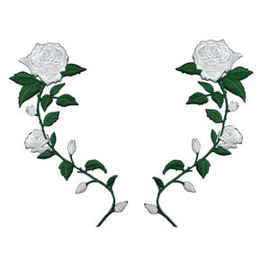 May include: Two white embroidered rose vines with green leaves and stems. The roses are facing outwards and the vines are symmetrical.