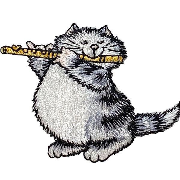 Gray Kitty Cat Playing Flute, Pets, Kitten, Embroidered, Iron-on Patch