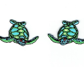 Sea Turtle - Facing Left or Right - Blue and Green - Iron on Applique - Embroidered Patch - 693687