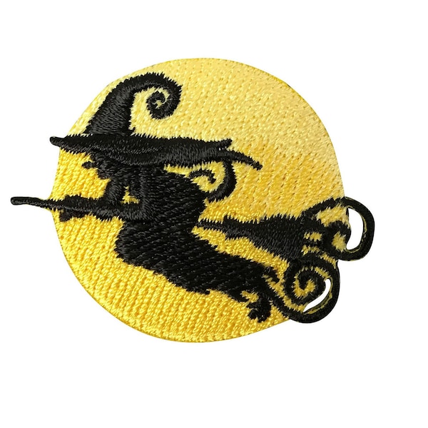 Witch Silhouette - Riding Broom - Full Moon - Halloween - Iron on Applique - Embroidered Patch