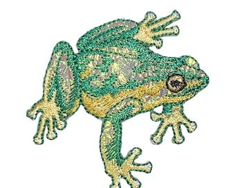 Tree Frog, Shimmery Iridescent, Yellow, Iron-on Patch, Embroidered Badge