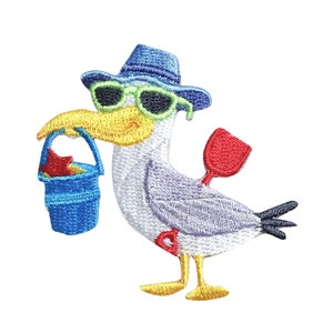 May include: Embroidered iron-on patch of a cartoon seagull wearing sunglasses and a blue hat, holding a blue bucket with a red star and a red shovel.