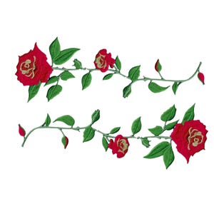 May include: Two red rose vines with green leaves and stems. The roses have gold centres.