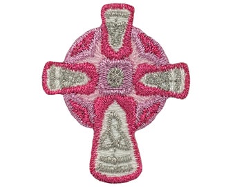 Pink and Silver Celtic Cross, Embroidered, Iron on Patch