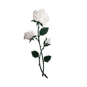 Large White Rose, Open Petals on Long Stem, Flowers, Embroidered, Iron on Patch
