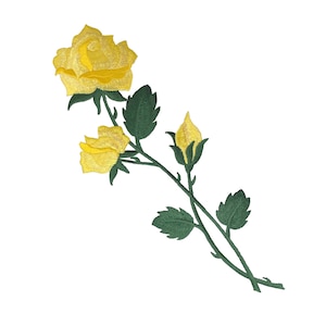 10&quot; Yellow Rose, Open Petals on Long Stem, Flowers, Embroidered, Iron on Patch