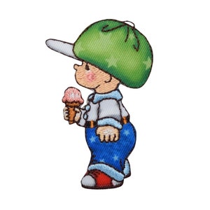 May include: An embroidered iron-on patch of a cartoon boy wearing a green baseball cap and blue jeans, holding an ice cream cone.