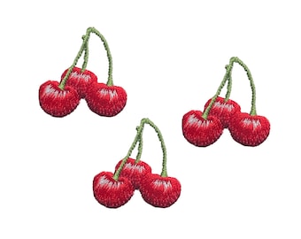 Three Red Cherries, Cherry, Fruit, Food, Realistic, Embroidered Iron on Patch