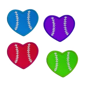 May include: Four heart-shaped patches with a baseball design. The patches are blue, purple, red, and green.