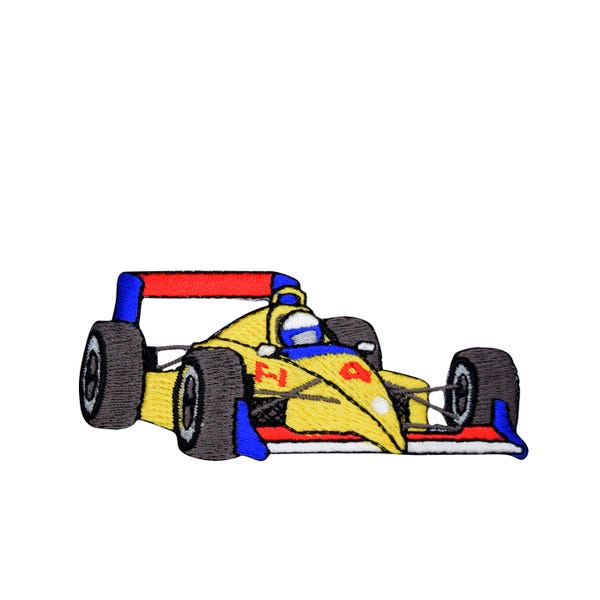 Yellow Race Car - Iron on Applique - Embroidered Patch - Formula One Style -  151527A